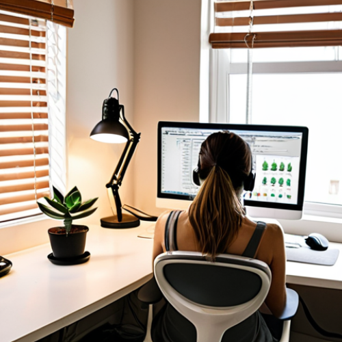Home 11 ** A brightly lit and organized home office setup. An ergonomic chair sits in front of a clean desk with a monitor at eye level. Succulents line the windowsill, and warm-toned LED lamps provide adjustable lighting. A person is working comfortably, with a positive and focused expression. Minimal distractions are visible.
**