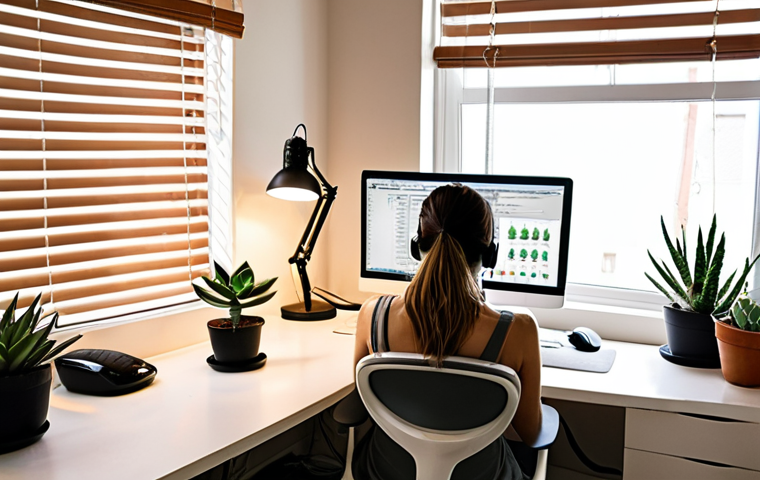 ** A brightly lit and organized home office setup. An ergonomic chair sits in front of a clean desk with a monitor at eye level. Succulents line the windowsill, and warm-toned LED lamps provide adjustable lighting. A person is working comfortably, with a positive and focused expression. Minimal distractions are visible.
**
