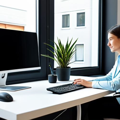 Home 6 A professional person, fully clothed in a modest business casual outfit, comfortably focused at a sleek, modern ergonomic desk. The desk features a multi-monitor setup and integrated smart lighting that subtly illuminates the workspace. The contemporary home office environment has large windows providing ample natural light, and a few elegant houseplants are visible on a nearby shelf. The atmosphere is serene, productive, and technologically advanced. Professional photography, high resolution, soft diffused light, perfect anatomy, correct proportions, natural pose, well-formed hands, proper finger count, natural body proportions, safe for work, appropriate content, fully clothed, professional, family-friendly.