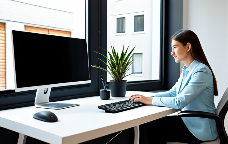A professional person, fully clothed in a modest business casual outfit, comfortably focused at a sleek, modern ergonomic desk. The desk features a multi-monitor setup and integrated smart lighting that subtly illuminates the workspace. The contemporary home office environment has large windows providing ample natural light, and a few elegant houseplants are visible on a nearby shelf. The atmosphere is serene, productive, and technologically advanced. Professional photography, high resolution, soft diffused light, perfect anatomy, correct proportions, natural pose, well-formed hands, proper finger count, natural body proportions, safe for work, appropriate content, fully clothed, professional, family-friendly.
