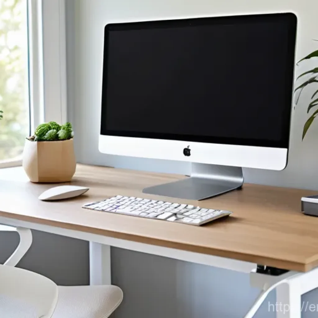 홈 오피스 공간에서의 커스터마이징 팁 - **A modern, minimalist home office bathed in soft, natural light, focusing on ergonomic design and p...