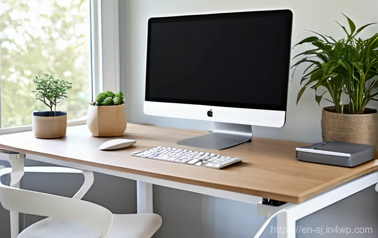 홈 오피스 공간에서의 커스터마이징 팁 - **A modern, minimalist home office bathed in soft, natural light, focusing on ergonomic design and p...