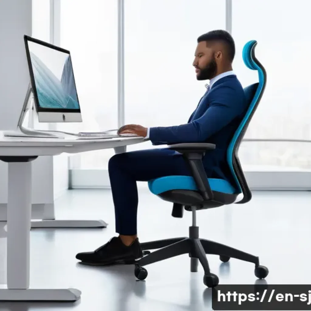 인체공학적 디자인의 사례 연구 - A modern ergonomic office workspace featuring a sleek adjustable chair with prominent lumbar support...
