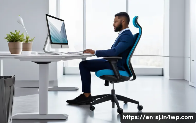 인체공학적 디자인의 사례 연구 - A modern ergonomic office workspace featuring a sleek adjustable chair with prominent lumbar support...