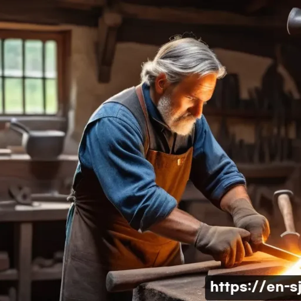 인체공학적 설계의 역사적 배경 - A detailed historical scene showing an ancient blacksmith workshop: a middle-aged man shaping a hamm...