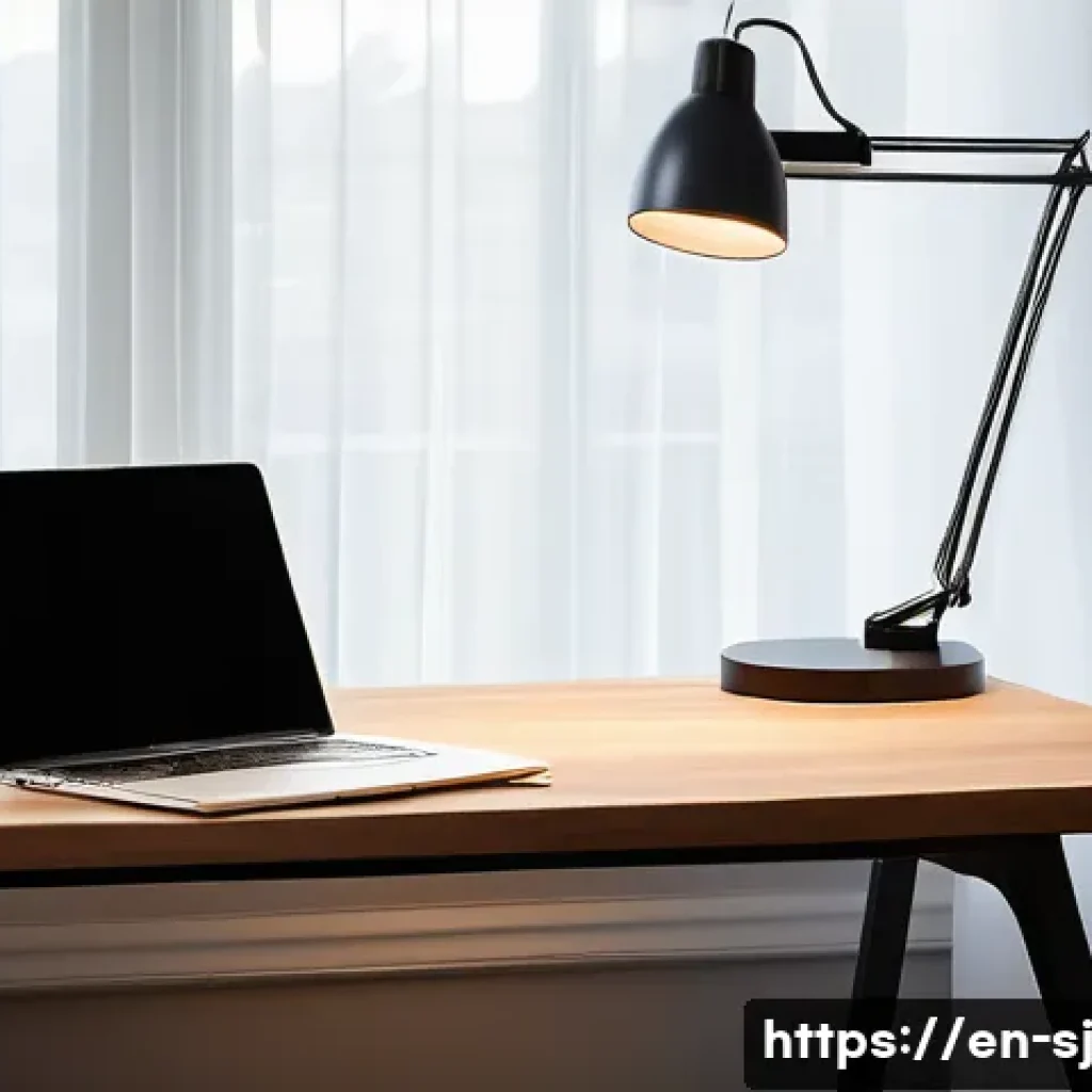 홈 오피스 공간을 위한 최적의 조명 선택 - A modern home office setup featuring a sleek minimalist metal desk lamp with adjustable arms and dim...