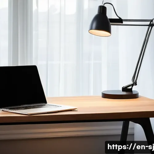 Home 31 홈 오피스 공간을 위한 최적의 조명 선택 - A modern home office setup featuring a sleek minimalist metal desk lamp with adjustable arms and dim...