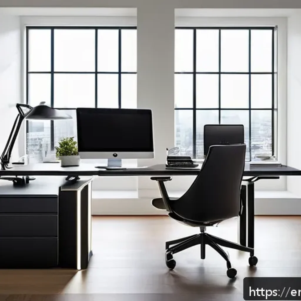 인체공학적 설계의 트렌드와 미래 - A modern home office featuring a sleek modular desk with adjustable height and detachable components...