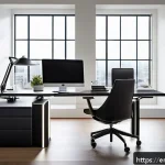 인체공학적 설계의 트렌드와 미래 - A modern home office featuring a sleek modular desk with adjustable height and detachable components...